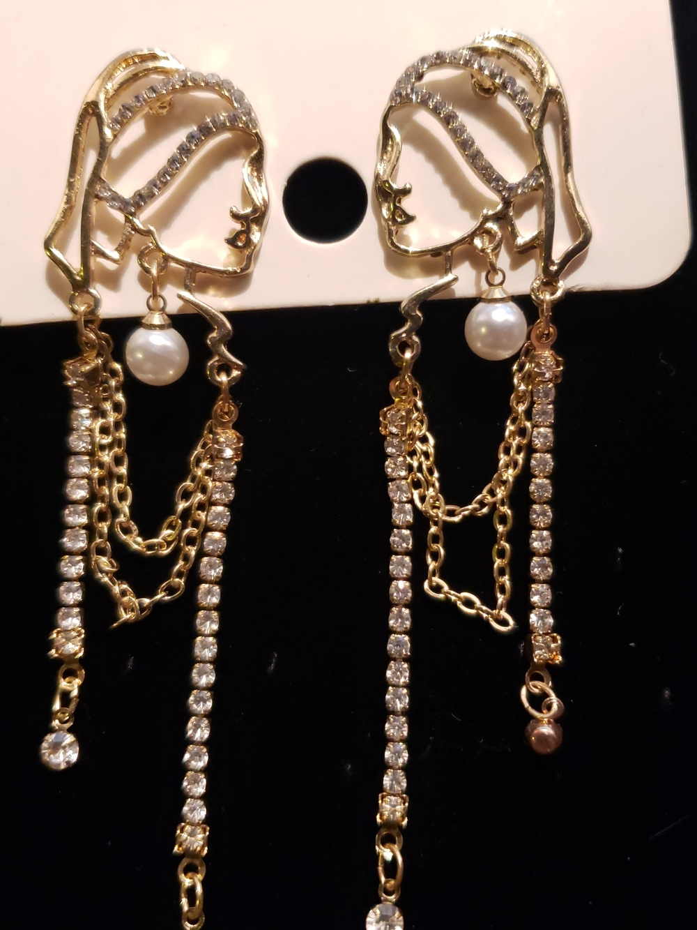 Unique Abstract Face Art | Statement Long Earrings for Women | Rhinestone Tasse